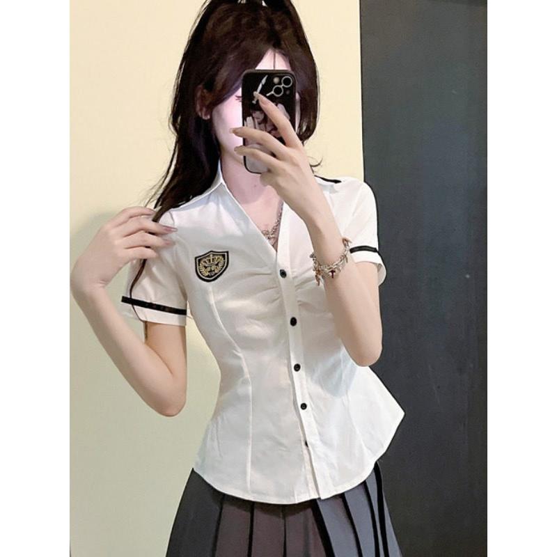 夏季领白衬衫女短袖工作服足浴技师制服英伦学院风修身纯欲上衣