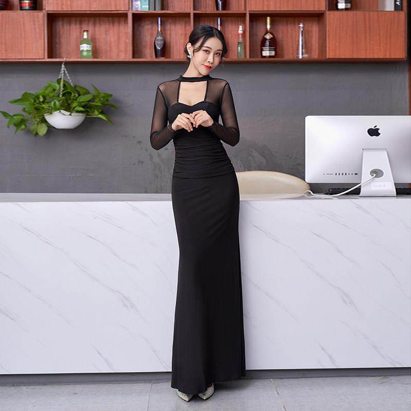 性感晚礼服露背长裙优雅约会聚会日常气质网纱荷叶边洋装纯黑色