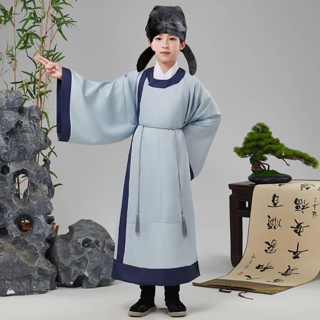 儿童古装汉服男童杜甫连体圆领宋朝诗人苏轼书童古诗词朗诵演出服