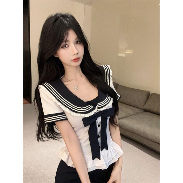 夏季女式领结短袖衬衫搭配小众学院风对比海军蓝领腰褶边上衣