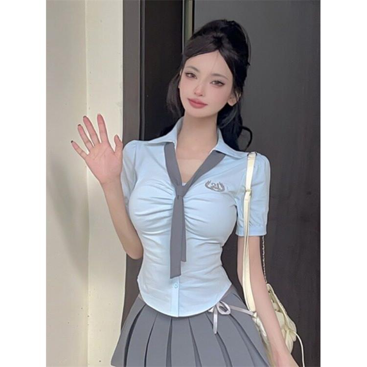 夏网红纯欲甜辣妹学院风制服修身显瘦工作服蓝色短袖衬衫女上衣