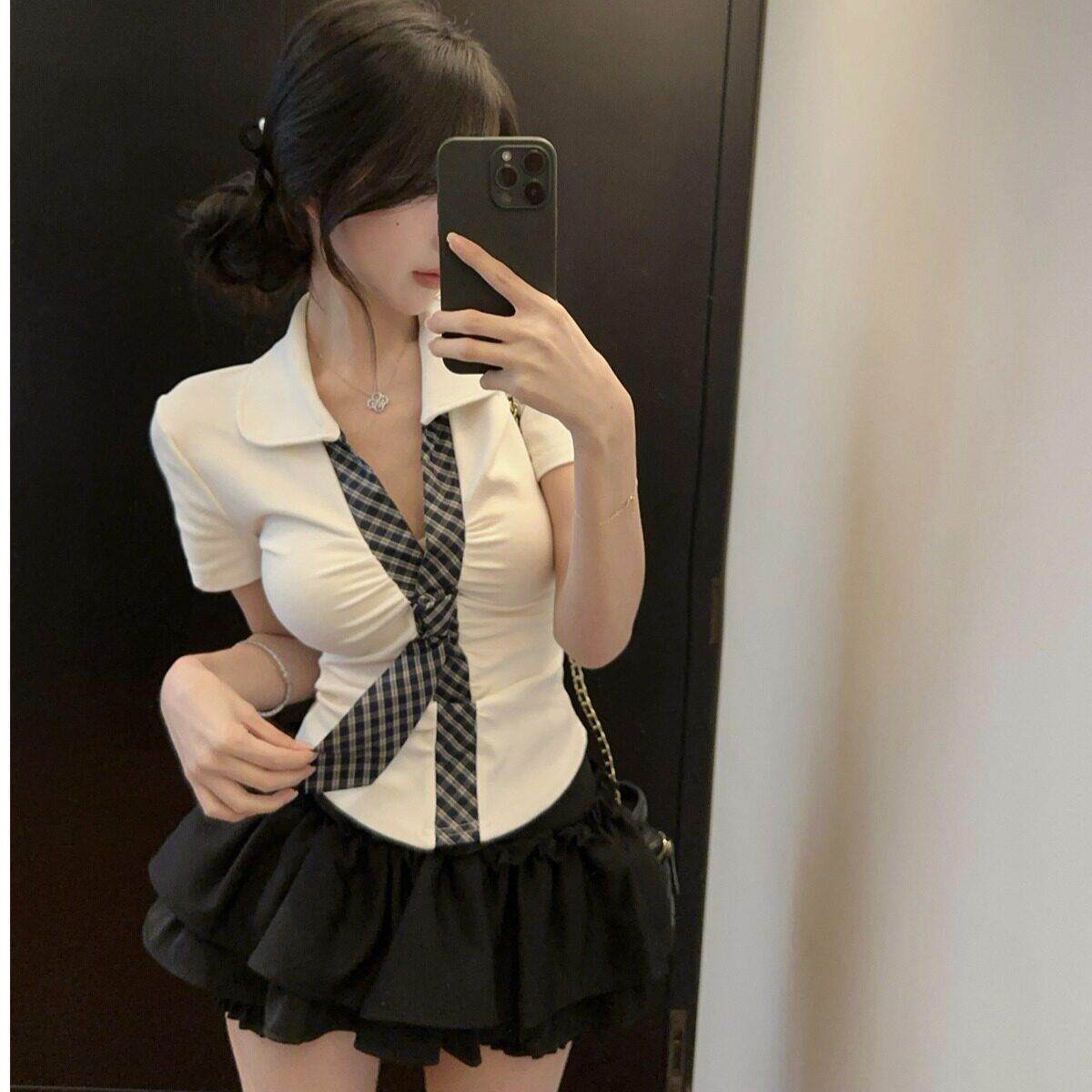 领性感收腰学院制服短袖恤高腰裙美容院工作服技师女减龄