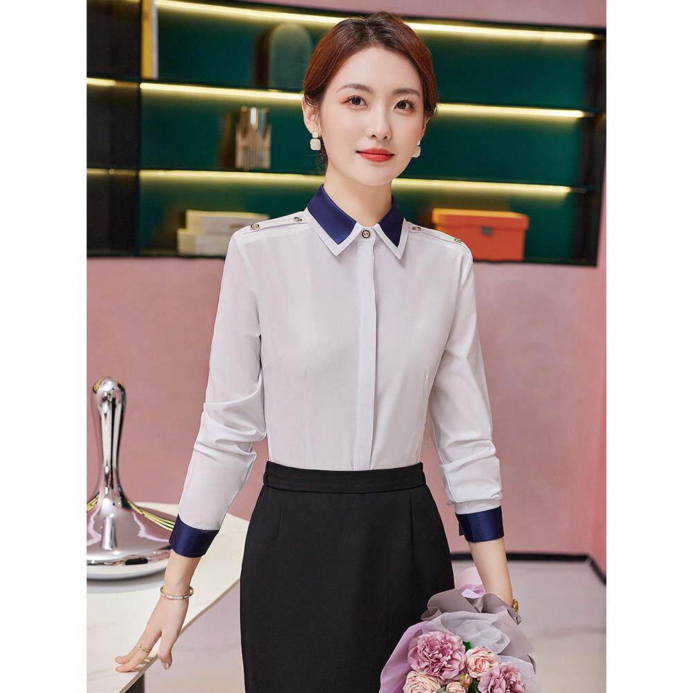 春秋长袖专业灰色衬衫女性首饰酒店前台服务员工作服工作服白衬衫