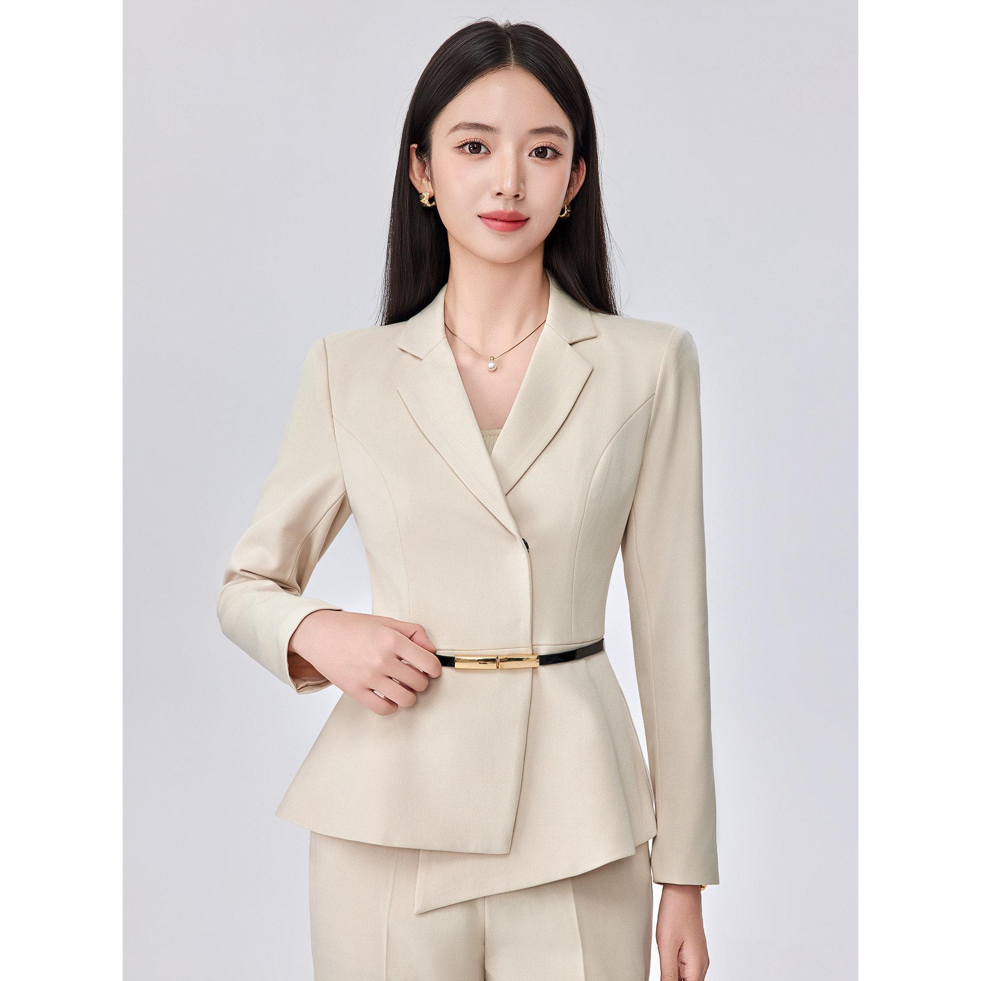 美容院工作服女秋冬职业套装杏色西装美容师养生馆酒店前台工作装