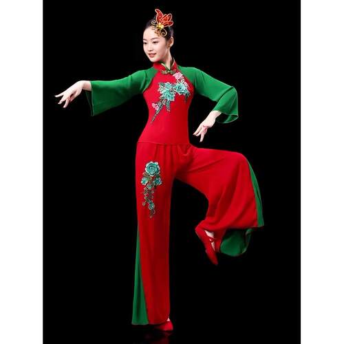 秧歌服女新款演出服扇子舞红色喜庆灯笼舞表演服中国风打鼓服腰鼓