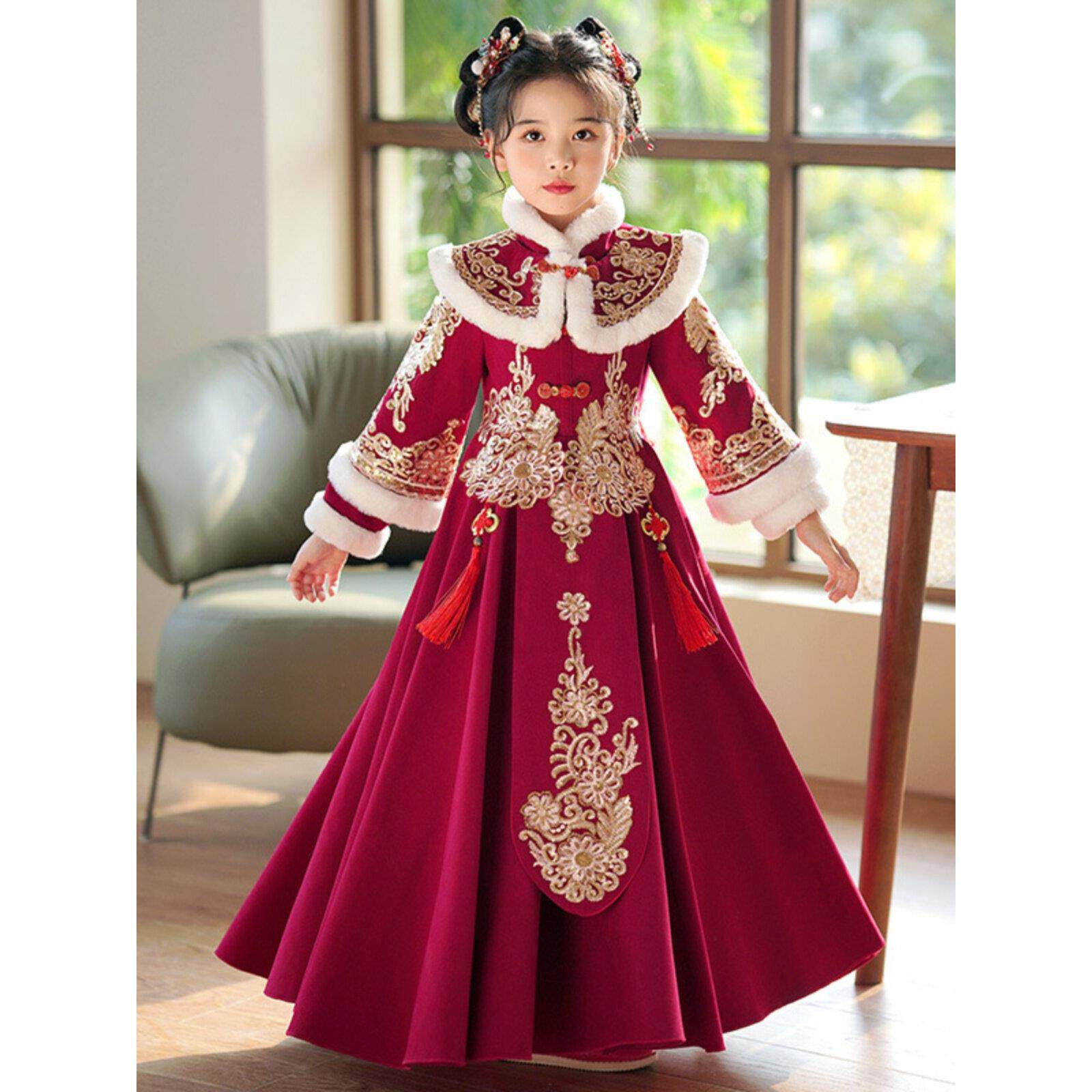 新年战袍礼服裙女大童喜庆汉服女士冬季女孩国风唐装连衣裙拜年服