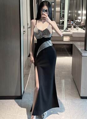 夜总会中长款礼服裙2026年夏季性感夜店拼接镂空短袖包臀连衣裙女