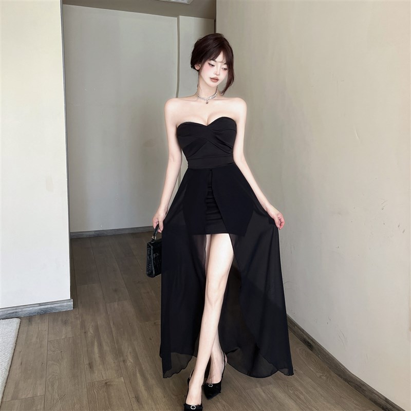 低胸性感不规则抹胸露背连衣裙法式气质修身夜店公主裙开叉中长裙