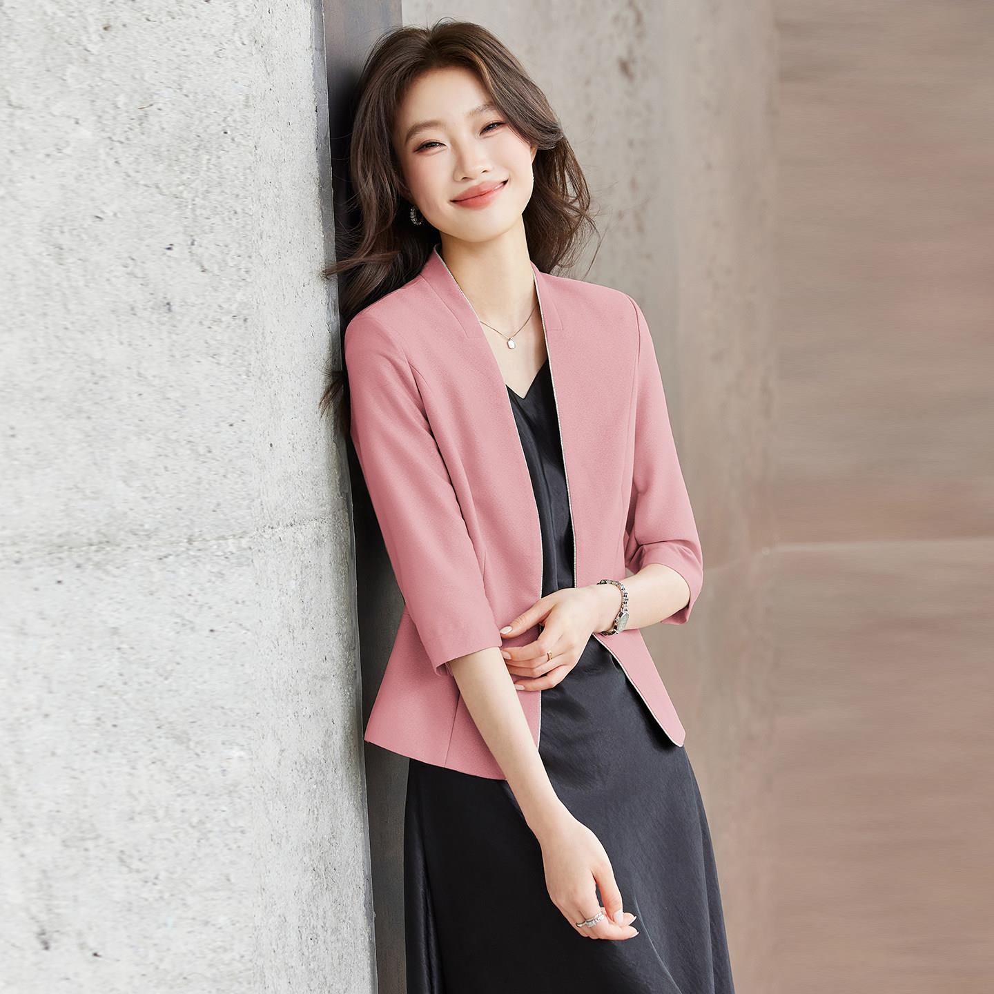 粉色七分袖西装外套女2026新款夏季薄款短款气质职业装西服套装裙