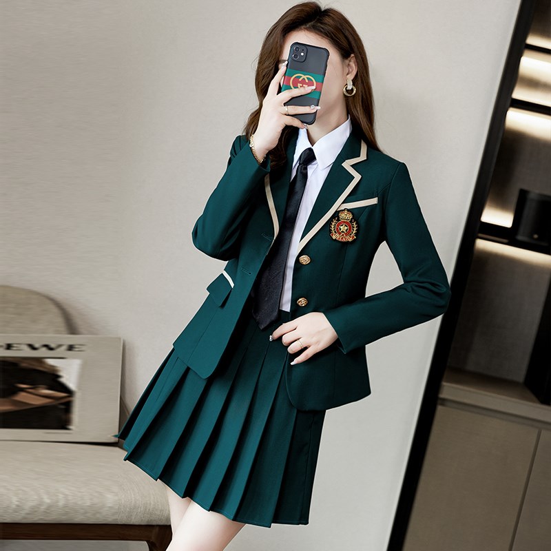 绿色小西装外套女春季2025新款学院风jk小个子职业校服西服套装裙