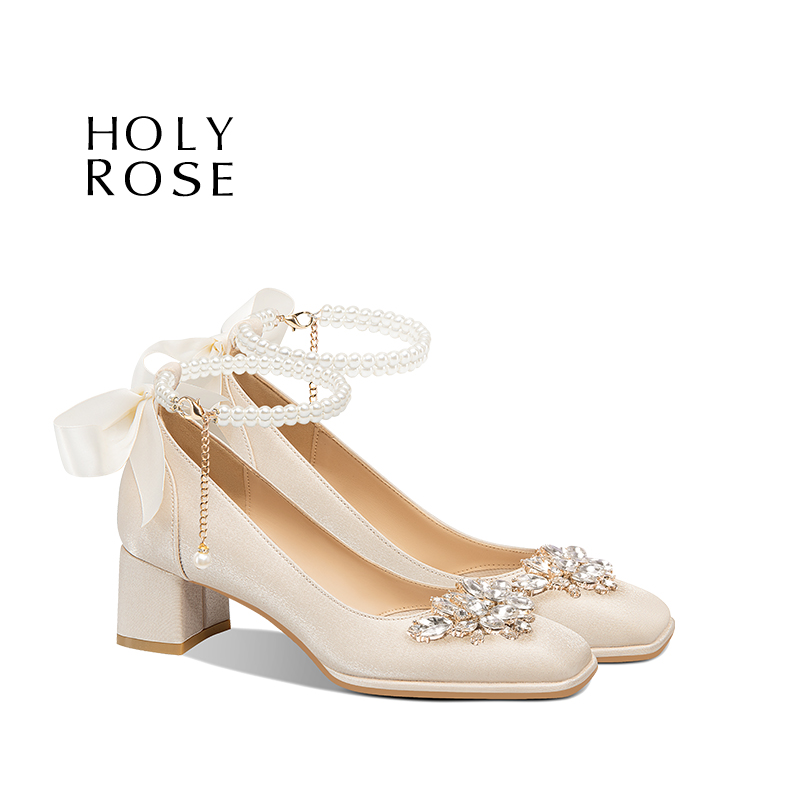 HolyRose缎面玛丽珍鞋女珍珠水钻粗跟高跟鞋新娘婚鞋两穿不累脚