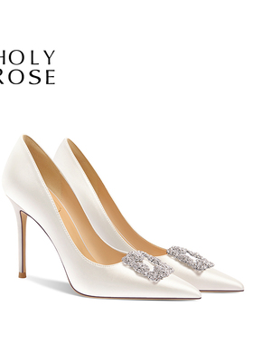 HolyRose【时光之旅】订婚鞋法式主婚纱婚鞋女新娘白色绸缎礼服鞋