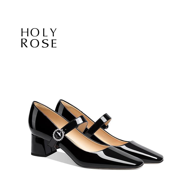 HolyRose黑色漆皮方头高跟鞋女粗跟气质百搭单鞋平时可穿通勤鞋