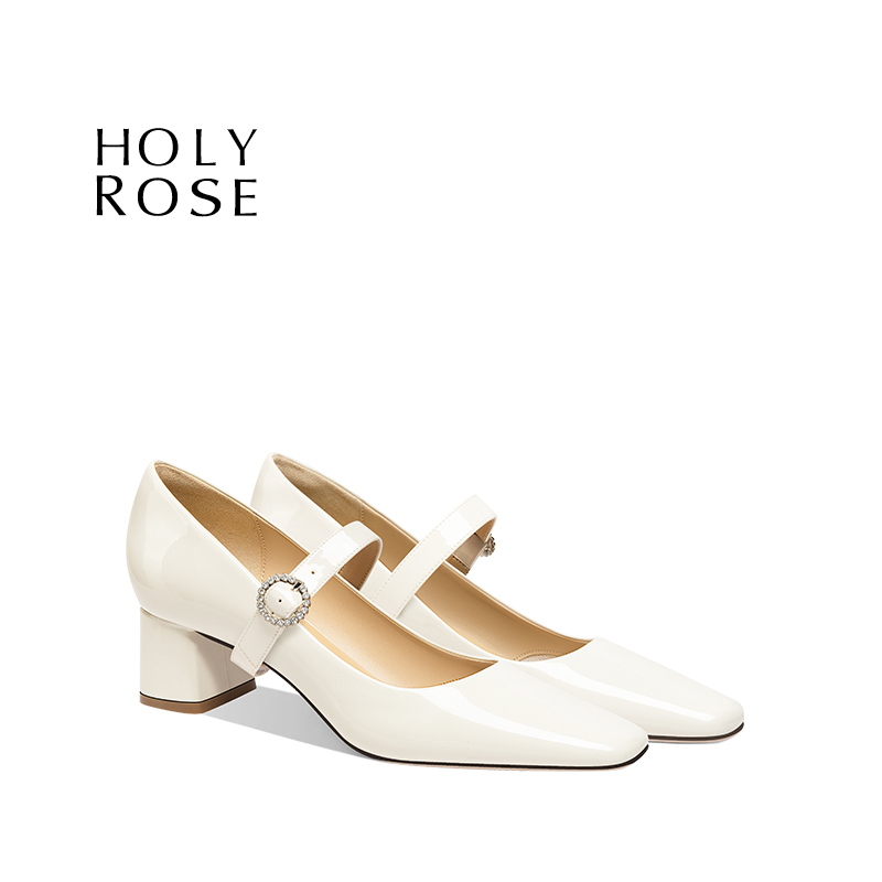 HolyRose白色漆皮玛丽珍鞋女粗跟方头一字带气质百搭通勤鞋