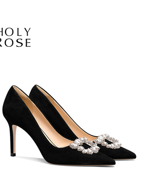 HolyRose【水晶之恋】法式黑色尖头高跟鞋通勤空气棉不累脚工作鞋