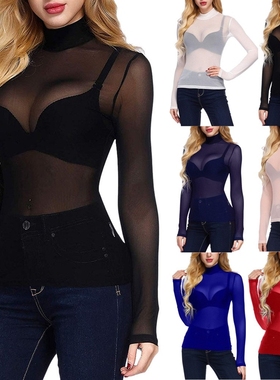 Autumn Women Fashion Sheer Mesh Shirt High Neck Arm Shaper T