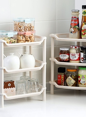Kitchen shelves with plastics on the floor, multi-story kitc