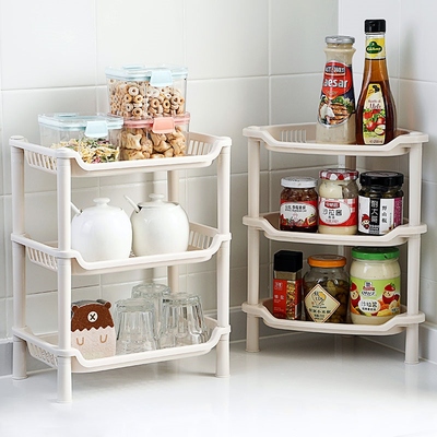 Kitchen shelves with plastics on the floor, multi-story kitc