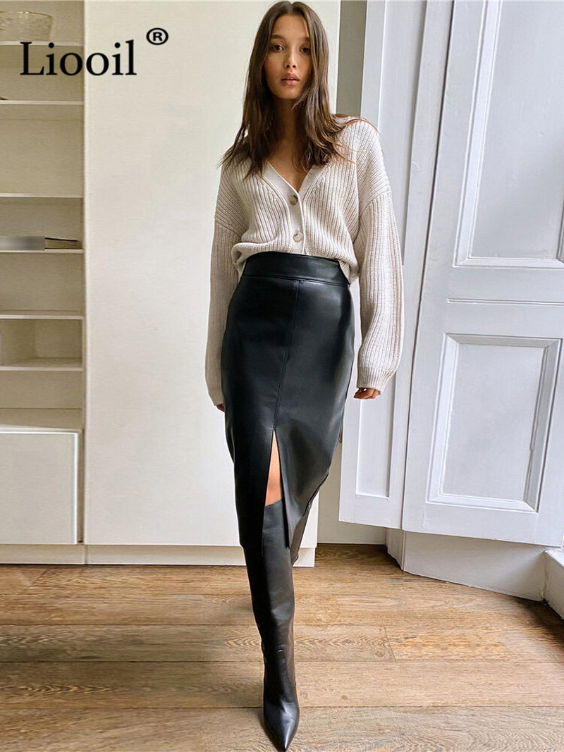 women faux leather slit pencil office skirt autumn 2022 new