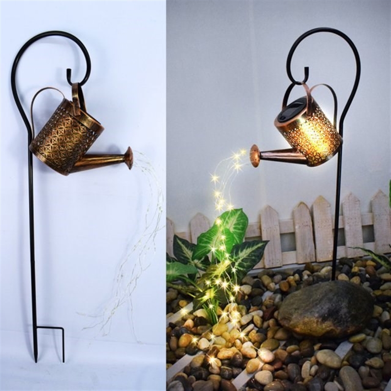 Solar Powered Wrought Iron Hollow Out Lamp Watering Can Spri
