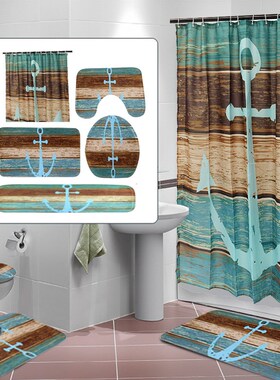 Bathroom Mat set Retro Style Anchor Non-Slip Carpet Toilet S