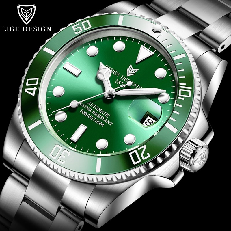 LIGE Green Water Ghost Design Brand Luxury Men Watches Auto