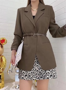 Chic Design Chain Sashes Blazer Women Street Vintage Long S