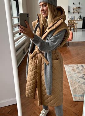 RR Solid Hooded Vests Women Fashion Tie Belt Collected Waist