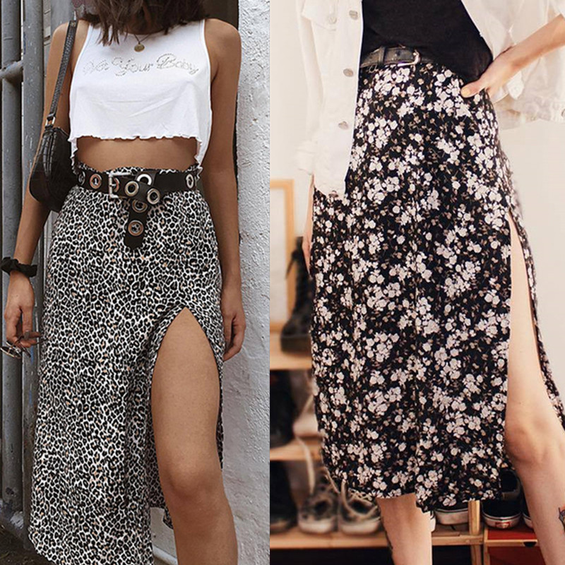 Sexy Leopard Print Split Skirts Women High Waist Elastic Spl