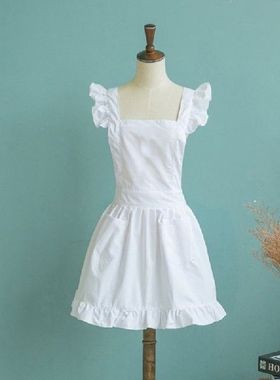 Womens Girls Ruffles Outline Retro White Apron Adjustable