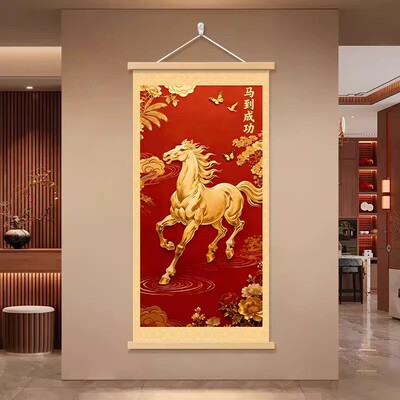 2026中式马到成功装饰画客厅玄关挂画红色金色骏马有框实木挂轴
