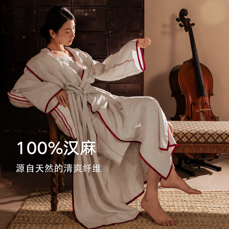 午观『万年如初见』家居服套装100%麻柔软宽松睡袍睡衣睡裙两件套