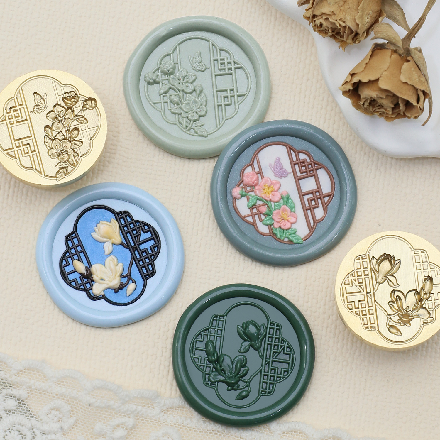 中式复古国风文艺浮雕高档火漆印章铜头中古风窗框荷花景色diy信封请帖手账封口章头蜡印