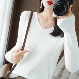 白色打底衫女V领内搭针织衫秋装冬2022新款设计感小众长袖上衣ins