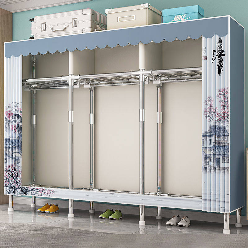 简易衣柜家用卧室布衣柜出租房屋用结实耐用组装全钢架宿舍挂衣橱