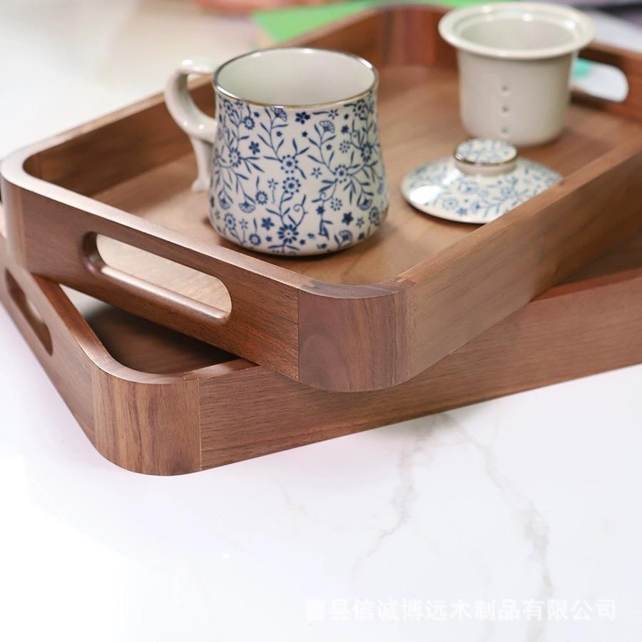 黑胡桃实木托茶盘托盘ins风日式茶杯木质盘带手长方把形BCO木质托