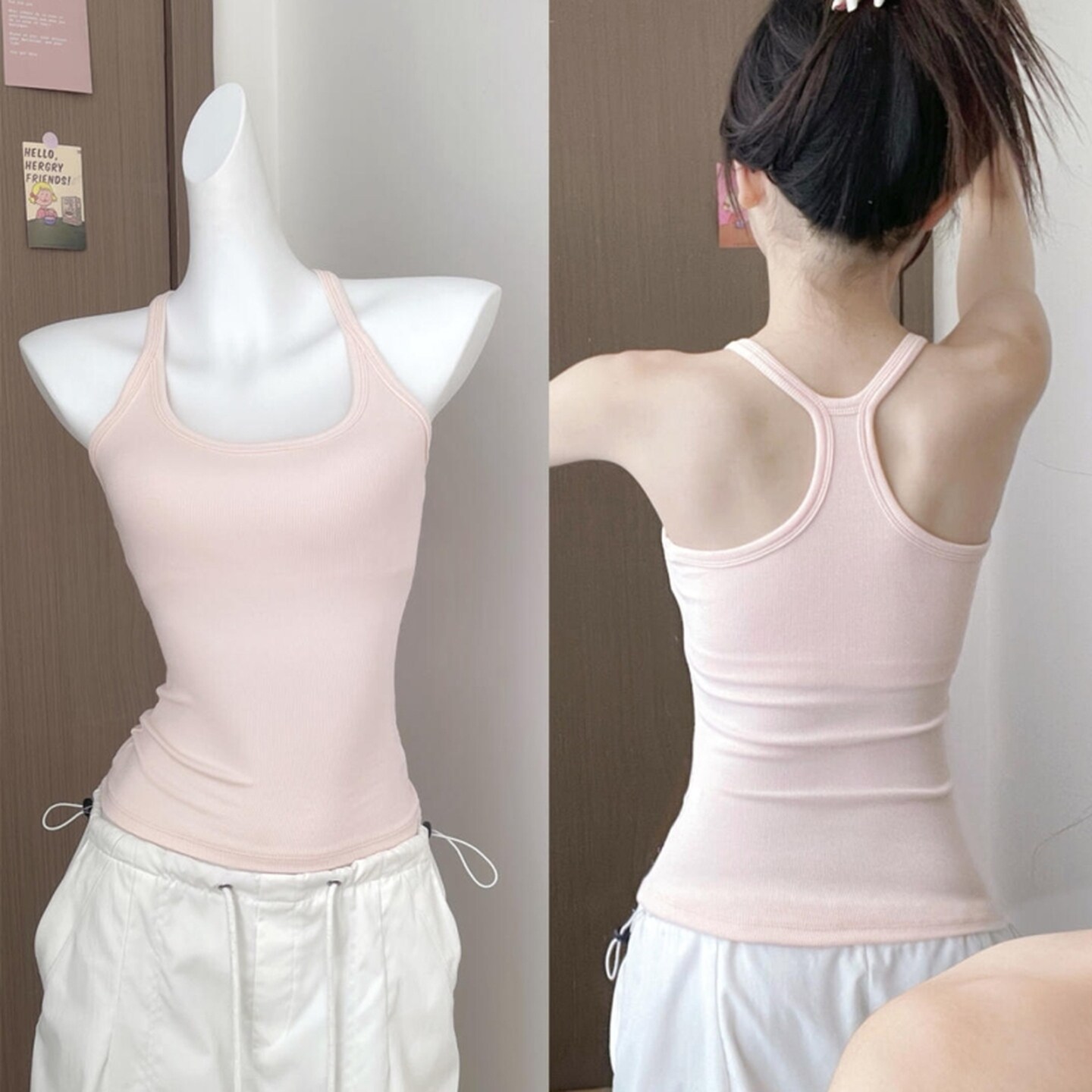 粉色瑜伽背心挂脖吊带女夏季外穿带胸垫内搭修身运动显瘦美背上衣