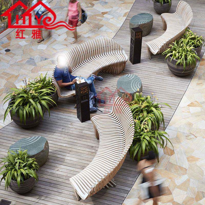 户外公园广场防腐木切片架子弧形坐凳商场酒店夹板切片树池座椅