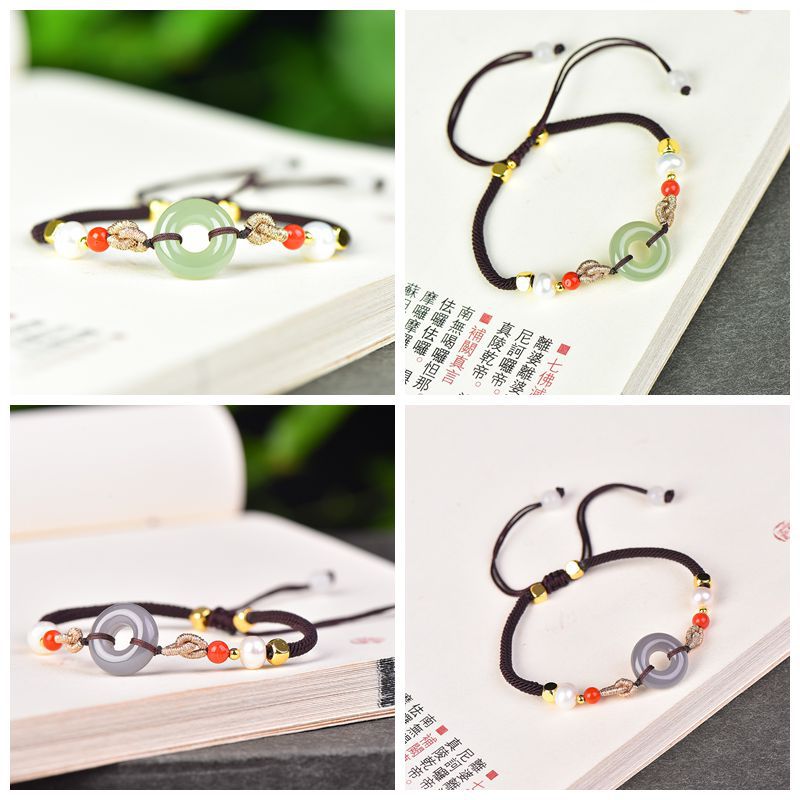 天然和田玉青海料玉石平安扣男女手绳手链手工编织本命年礼物