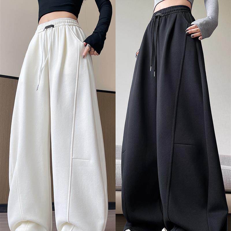 弯刀阔腿裤女秋冬季2026新款宽松直筒黑色运动卫裤休闲加绒裤子