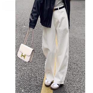 白色高腰直筒牛仔裤女春秋2026年新品宽松显瘦阔腿拖地加长裤