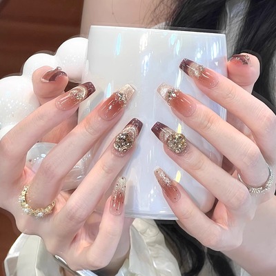 艺人秋冬闪钻高级感法式猫眼显白纯手工美甲穿戴甲中长款指甲贴片