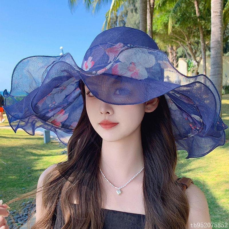 帽子女夏木耳边优雅大檐遮阳帽女防晒雪纺纱凉帽可折叠出游太阳帽