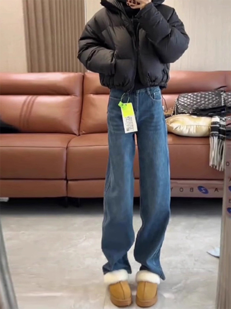 Fleece-lined jeans for women, autumn and winter 2025 new fashion trend, suitable for petite figures, high-waisted straight leg slim wide pants