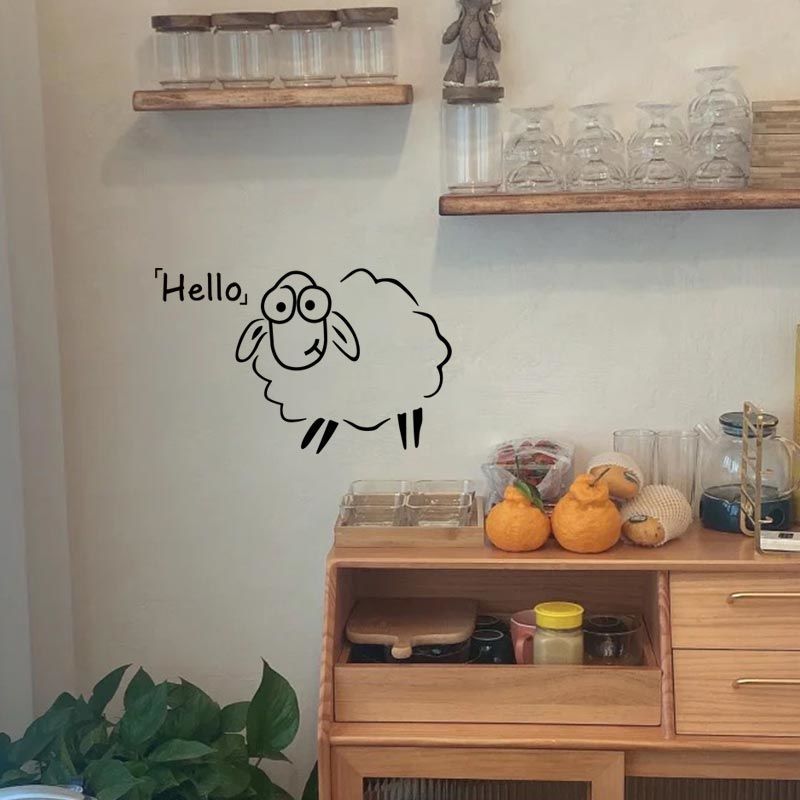 你好羊咩咩卡通有趣互动玻璃门防撞贴纸画服装宠物店猫咖装饰墙贴