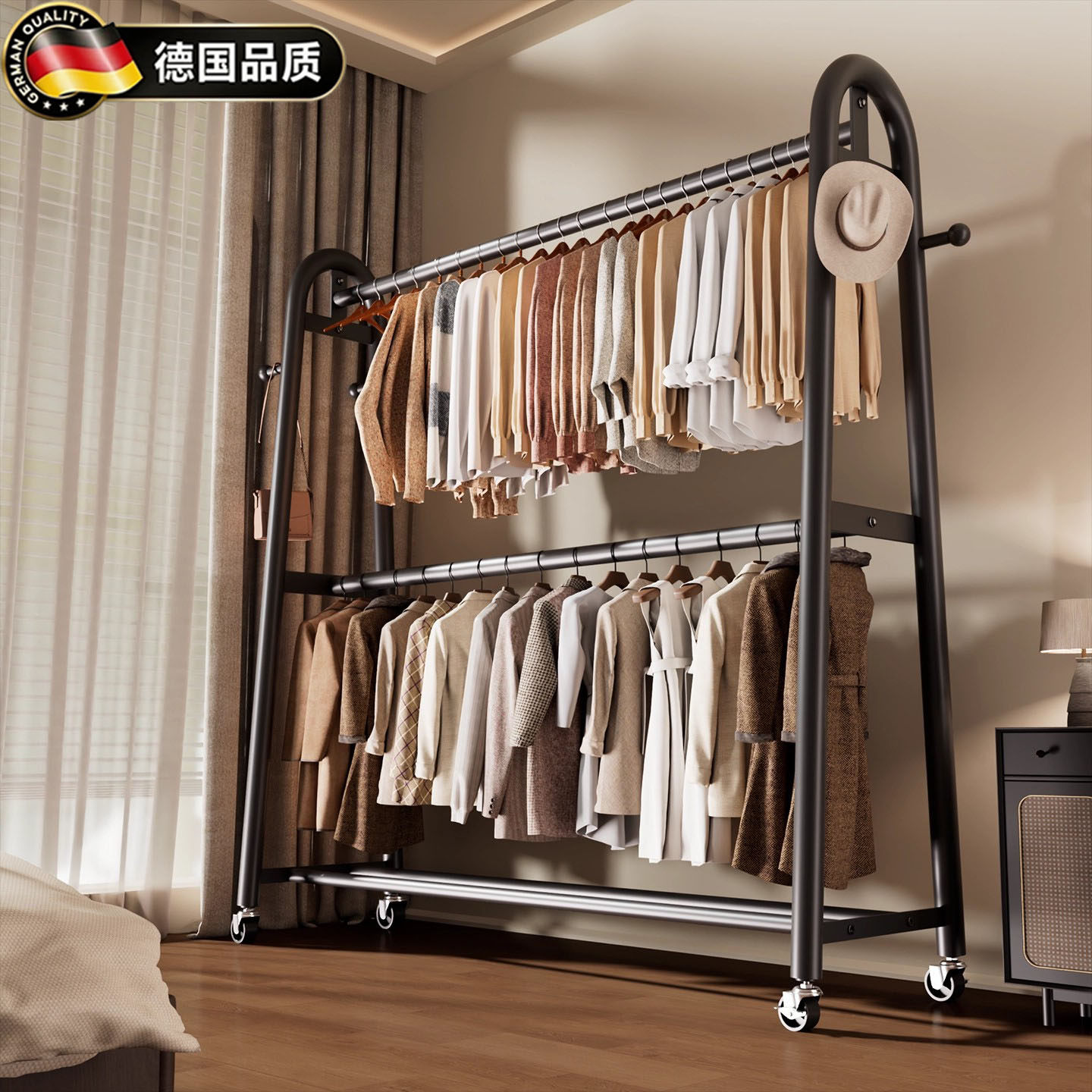 德国卧室双层落地衣帽架家用床边可移动挂衣架简易衣服神器晾衣架