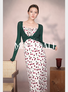 MELINDA LI【樱桃香颂】16mm桑蚕丝人丝双绉樱桃印花斜裁连衣裙