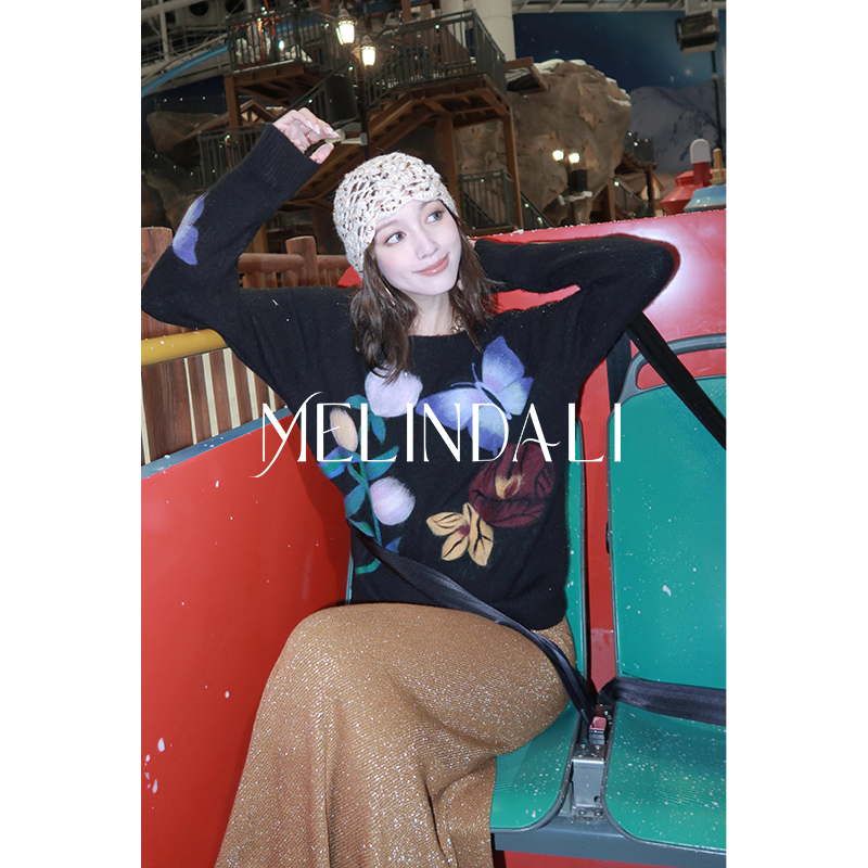 MELINDA LI【郁金香遇蝶】法式绵羊毛羊驼毛郁金香蝴蝶植绒毛衣