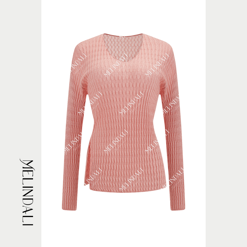 Melinda Li【金粉】法式莱赛尔醋酸3/85支16针开衩V领针织毛衣