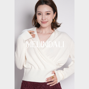 MELINDA LI【质感叠褶】法式优雅绵羊毛山羊绒围裹V领收腰针织衫